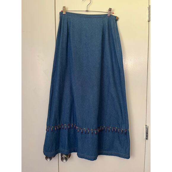 Vintage 70’s Koret Blues Denim Skirt Set Boho Beaded A Line Blouse Med Large - Picture 6 of 11